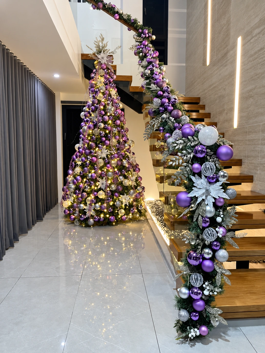 Christmas tree and staircase styled by Humble Beginning in a private home